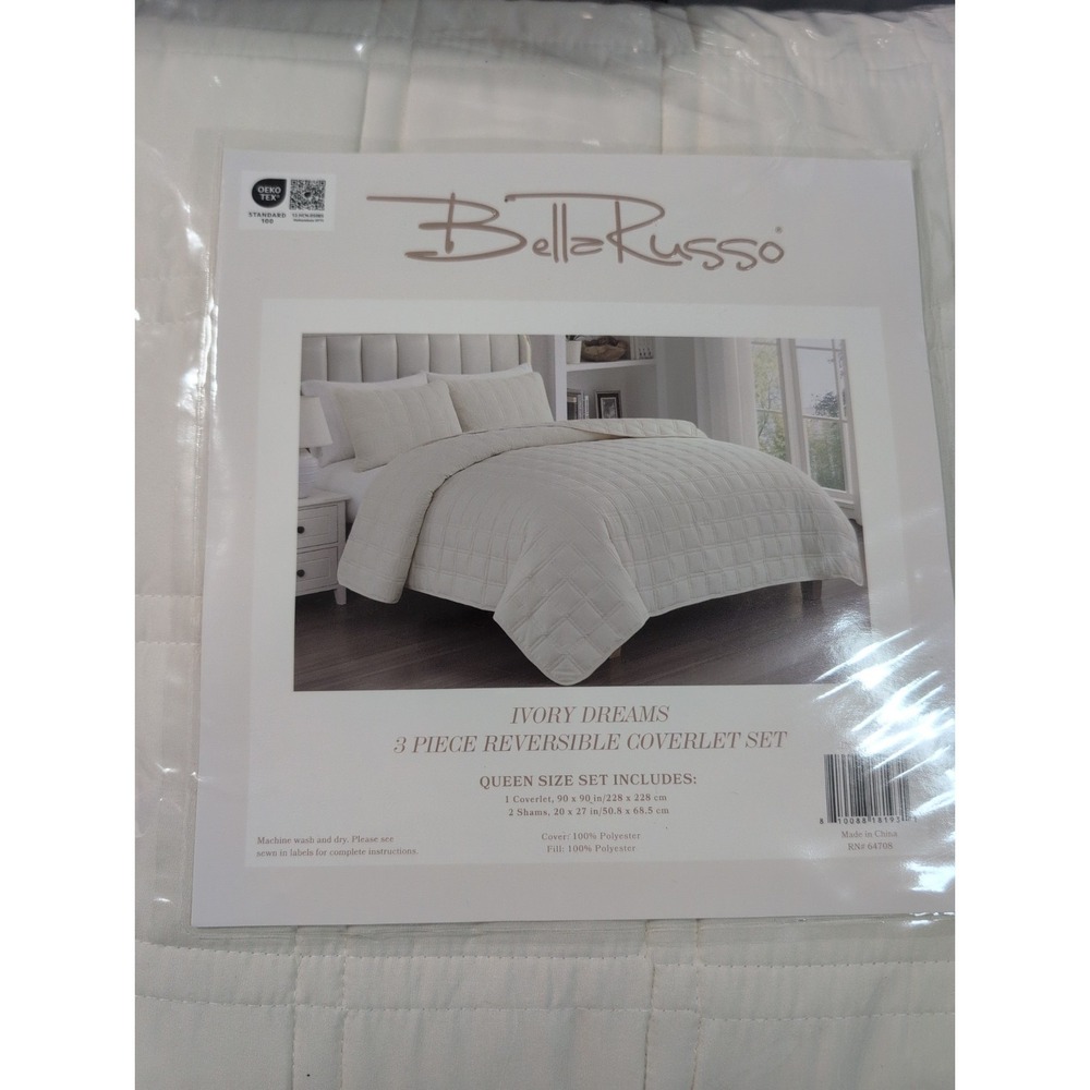 Bella Russo Queen Size 3 Piece Reversible Coverlet & Shams Set Ivory Quilted NEW